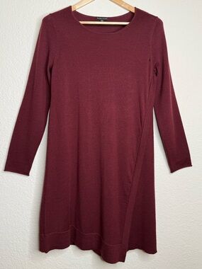 Eileen Fisher Merino Wool Sweater Dress Burgundy Side Panel Detail Size Small